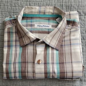 Tommy Bahama Cream, Brown & Aqua Plaid Short-Sleeve Button-Down Shirt